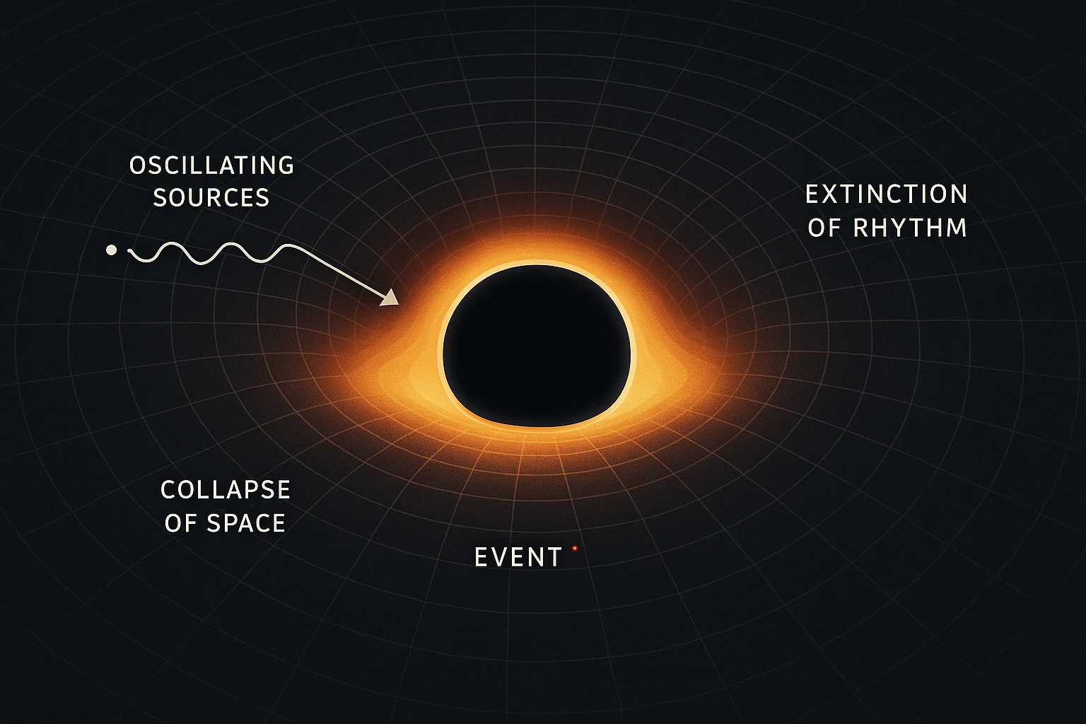 Conceptual diagram of oscillating sources and the collapse of spatial rhythm around a black hole