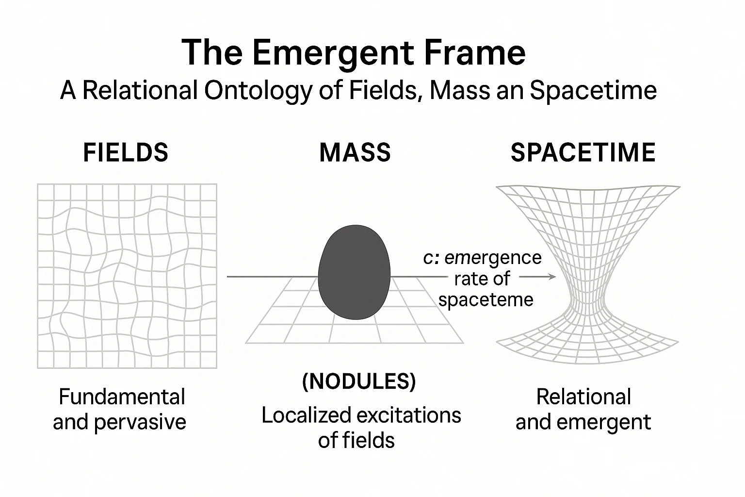Fields, mass, and spacetime in the early relational ontology of The Emergent Frame