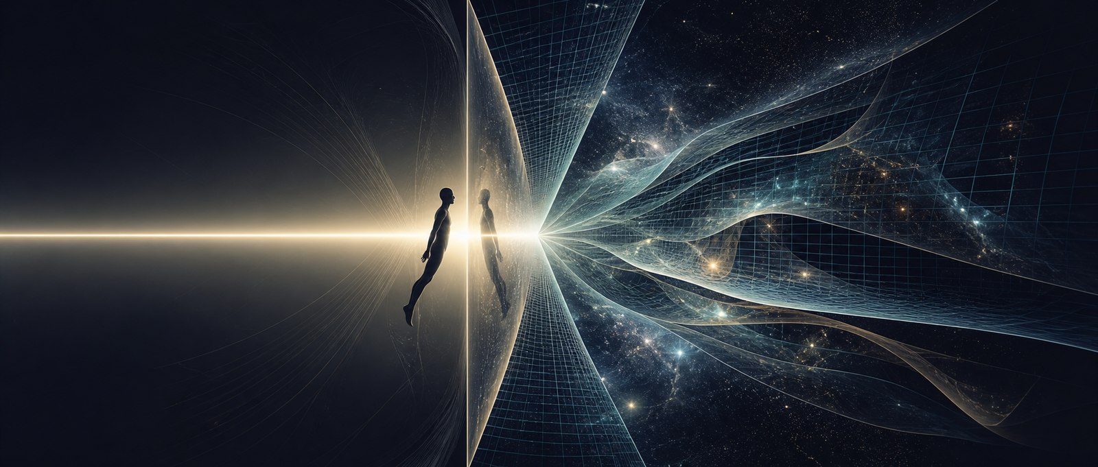A traveler facing a mirror at the boundary between darkness and an unfolding spacetime