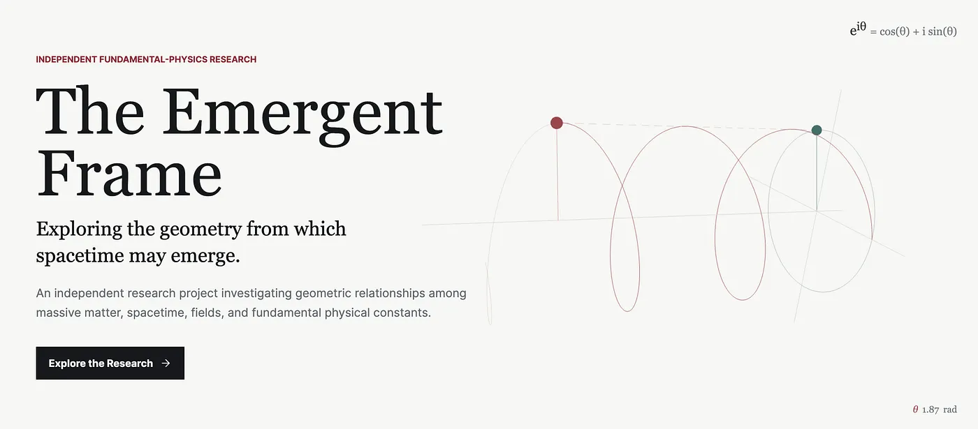 Launch view of The Emergent Frame website, showing the project title and helical spacetime visualization