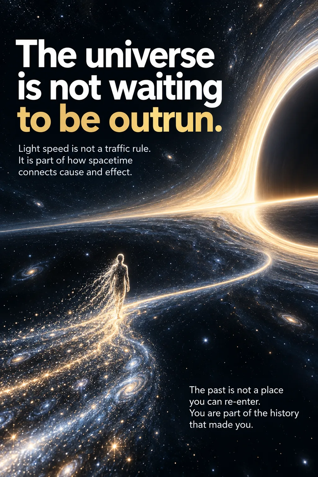 Conceptual poster of a luminous figure approaching a black hole, with the statements that the universe is not waiting to be outrun, light speed connects cause and effect, and the past is not a place one can re-enter