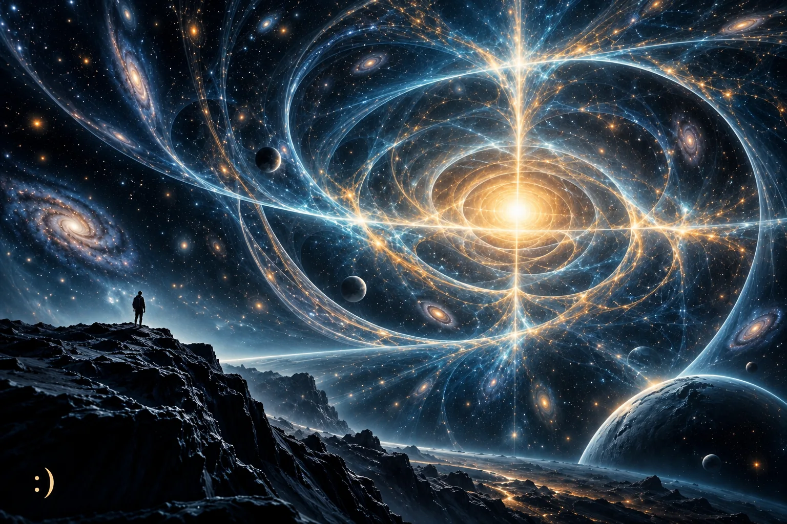 A silhouetted observer beneath galaxies and luminous arcs suggesting spacetime and causal structure