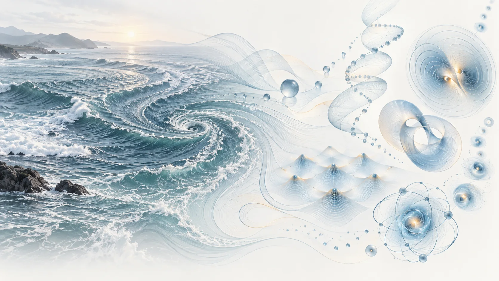 Conceptual illustration moving from ocean vortices through waves and helices to microscopic geometric structures